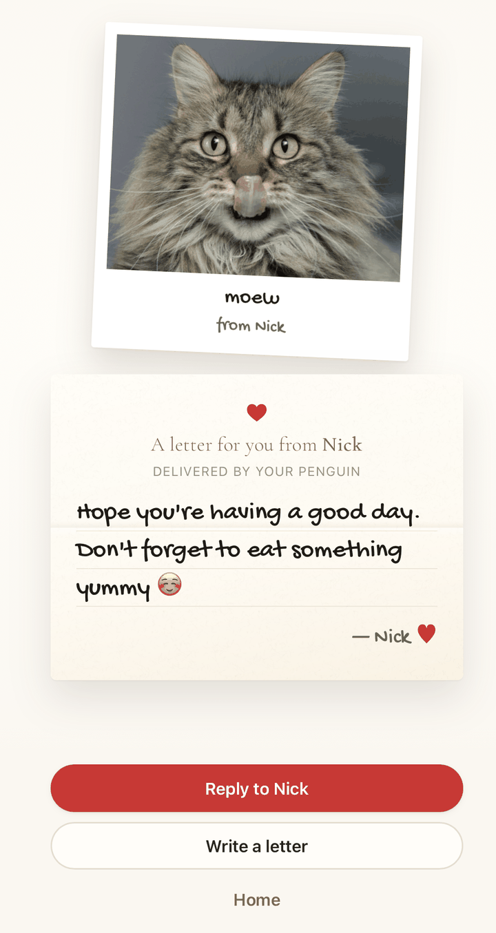 A letter in the MILUSU app with an instant-style photo