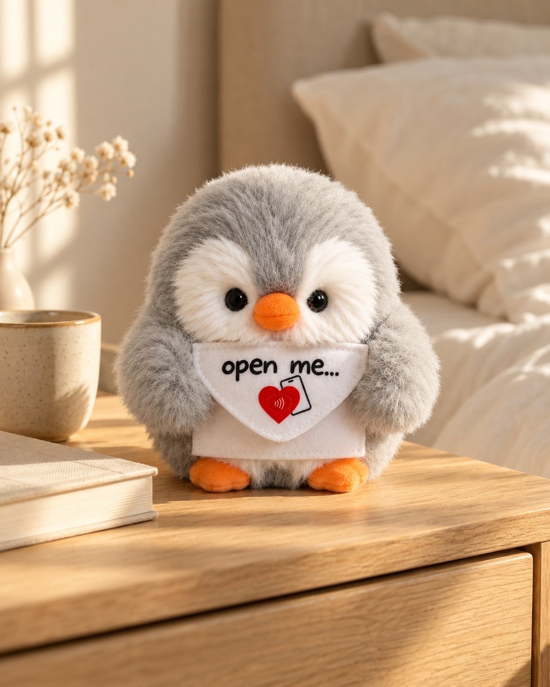 Grey MILUSU penguin sitting on a bedside table next to the bed